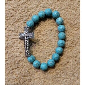 Turquoise Beaded Rhinestone Cross Stretch Bracelet